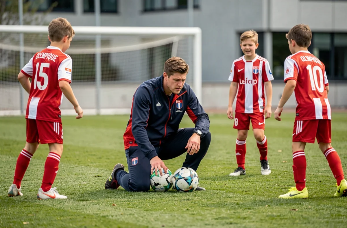 Entraîneur de l'Académie de l'Olympique Lyonnais guidant des jeunes joueurs sur le terrain d'entraînement