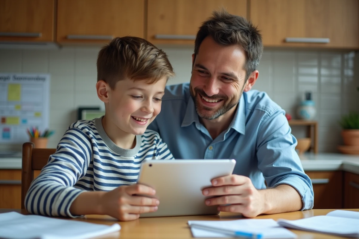 Père et fils regardant une tablette à la maison pour l