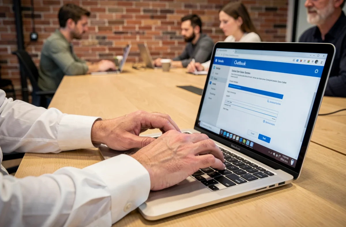 Mains configurant les paramètres IMAP et SMTP d'un email académique dans Outlook en espace coworking