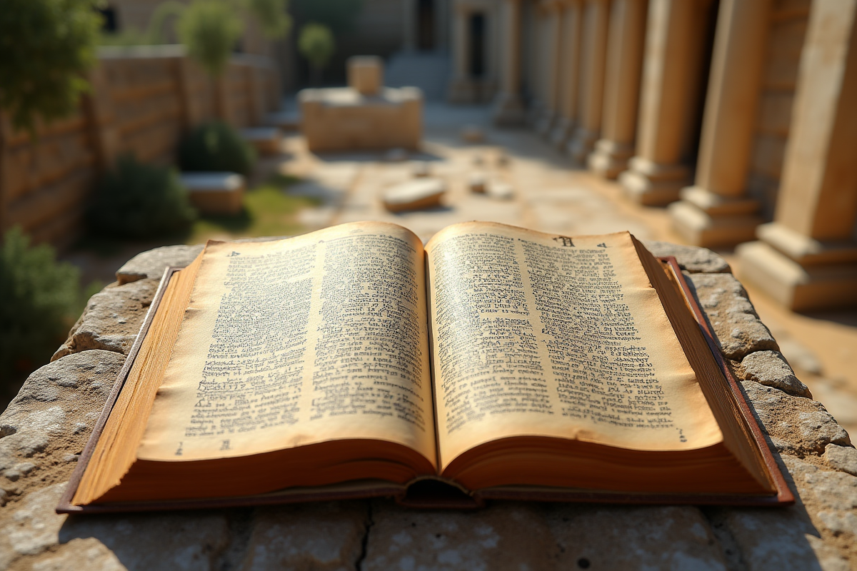 Bible ancienne ouverte sur un site archéologique en pierre