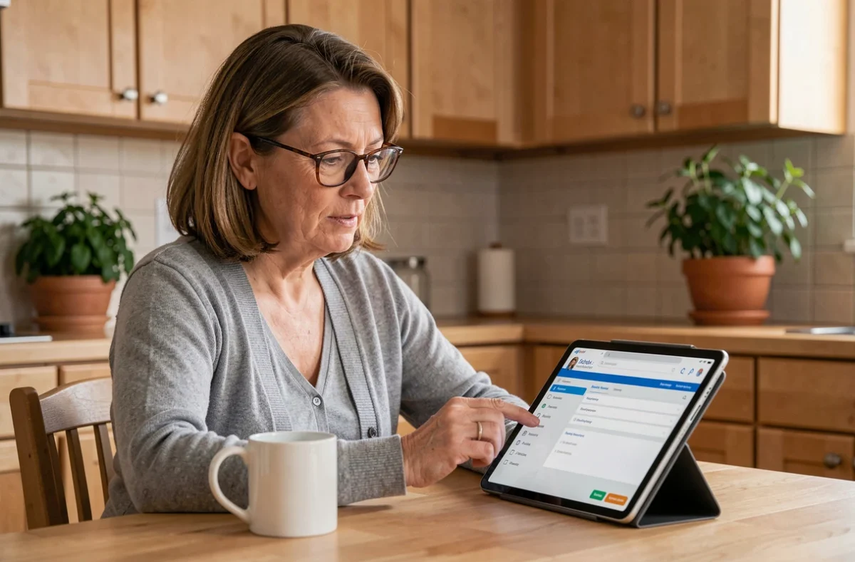 Mère de famille consultant le portail ENT Aisne sur une tablette dans la cuisine