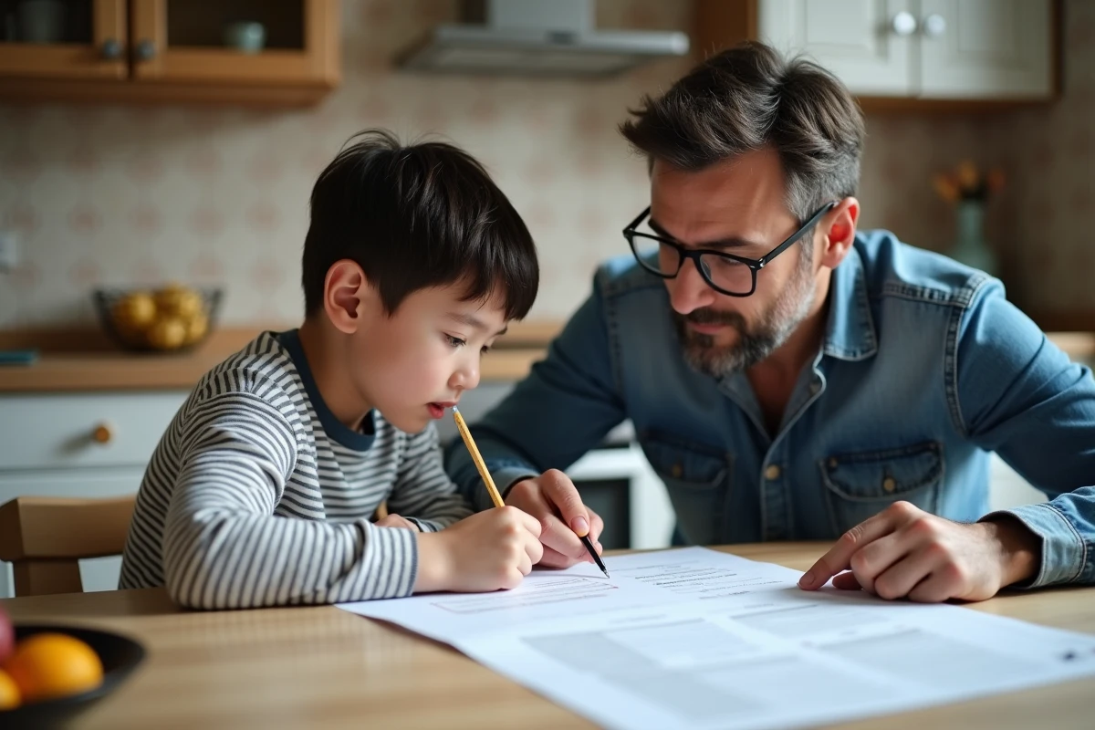 Père et fils préparant ensemble le dossier scolaire pour une orientation en Ulis ou SEGPA avec documents MDPH sur la table