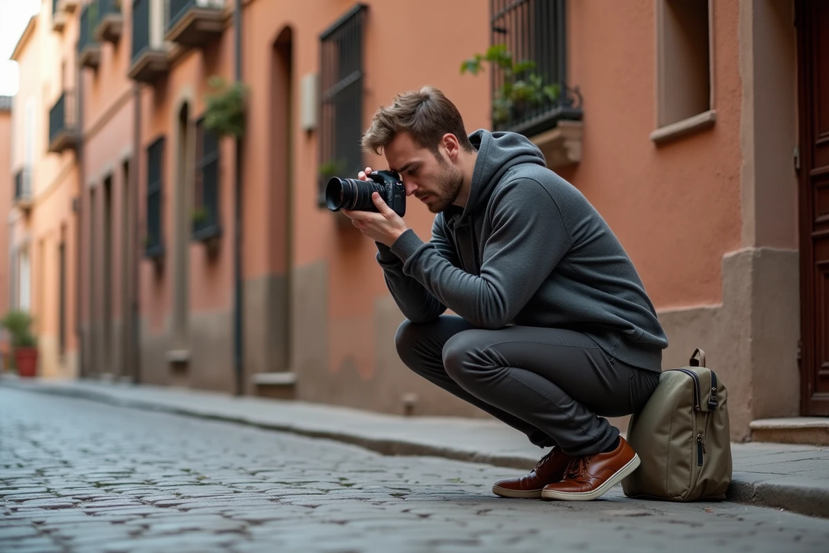 Photographe en formation pratiquant la photo de rue dans les ruelles en brique rose de Toulouse