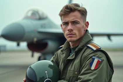 Jeune pilote militaire en combinaison de vol devant un avion d'entraînement sur le tarmac d'une base aérienne française