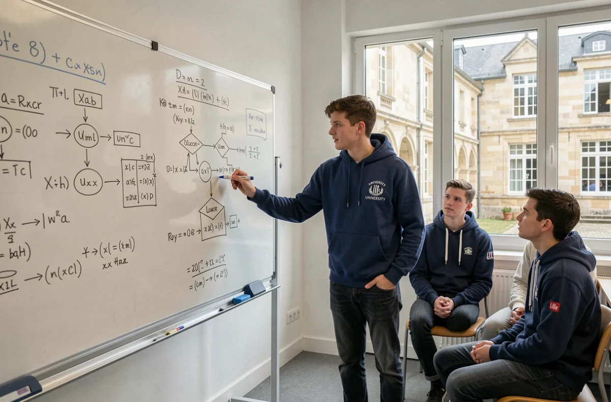 Étudiant de Polytech Lille expliquant un algorithme au tableau dans une salle de travail universitaire
