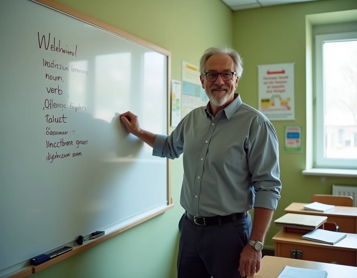 Professeur de français expliquant les classes grammaticales au tableau dans une salle de classe