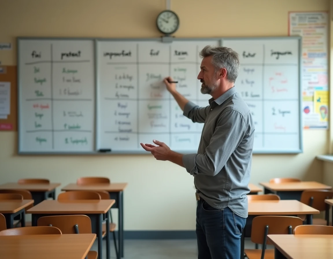 Professeur de français devant un tableau blanc présentant la conjugaison des verbes du 2ème groupe au présent, imparfait et futur