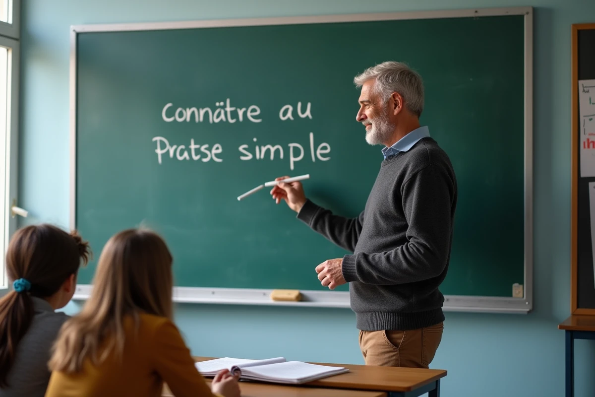 Professeur de fran&ccedil;ais expliquant la conjugaison au tableau