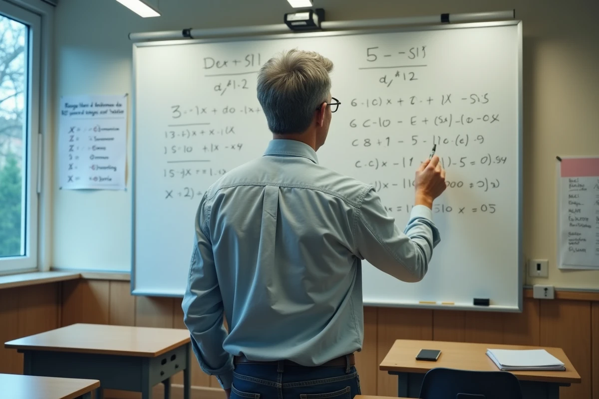 Professeur expliquant le calcul de moyenne avec coefficients au tableau dans une salle de classe de collège
