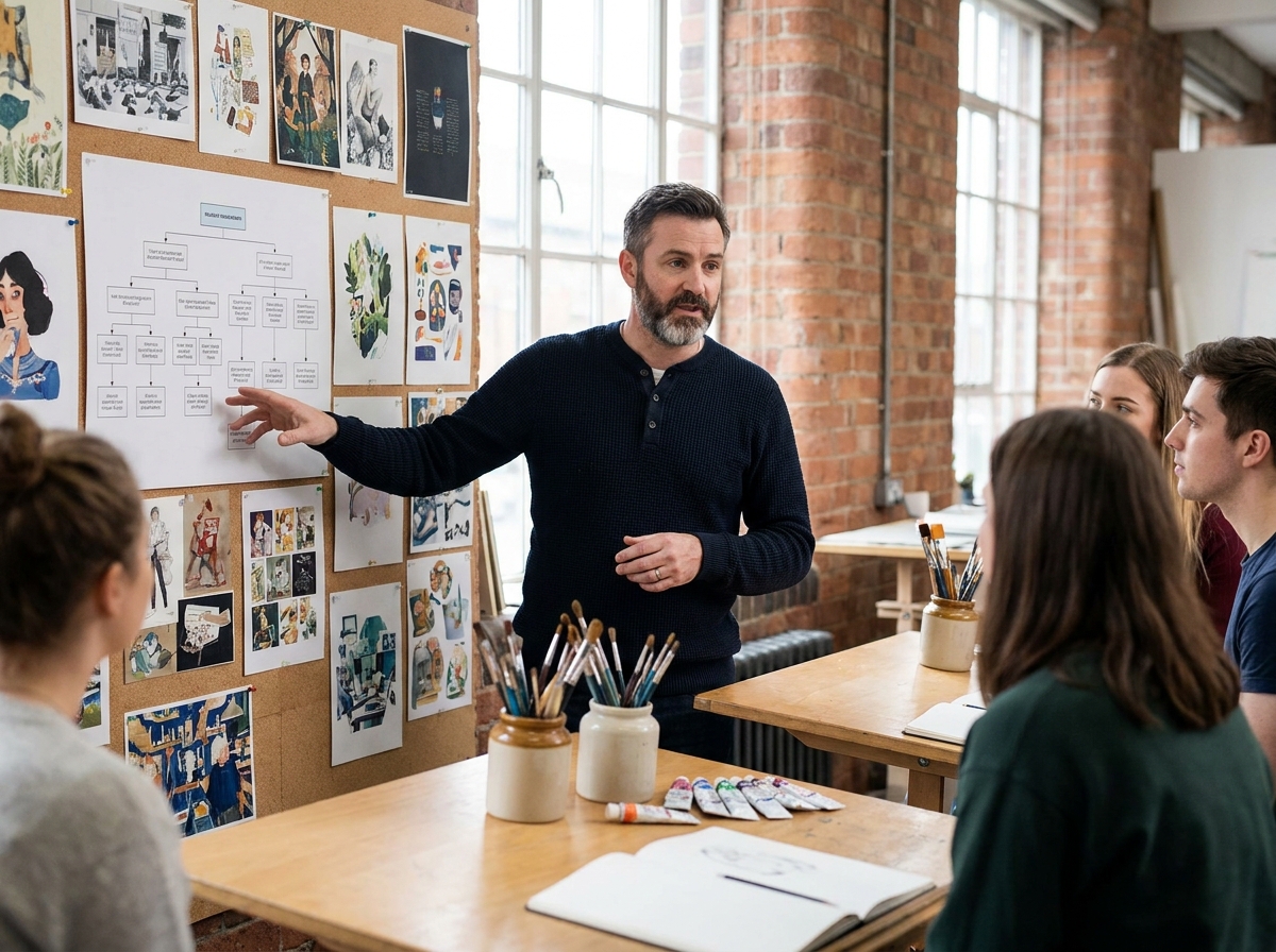 Professeur d'illustration expliquant les différentes options de formation artistique devant des exemples de travaux étudiants