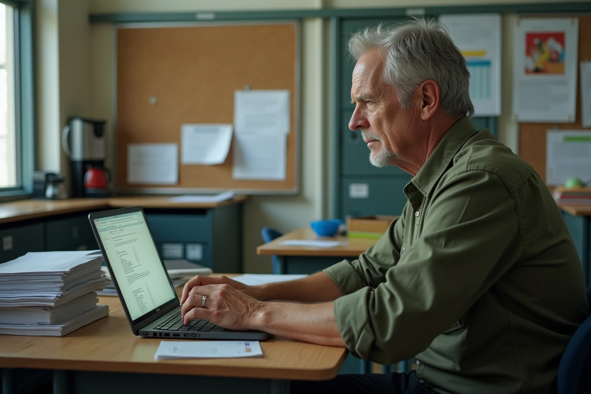 Enseignant masculin assis dans la salle des professeurs face à un ordinateur portable avec des formulaires administratifs du Pacte enseignant