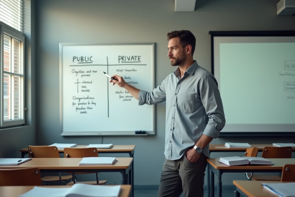 Professeur de management STMG expliquant un tableau de distinction entre organisation publique et privée au tableau blanc