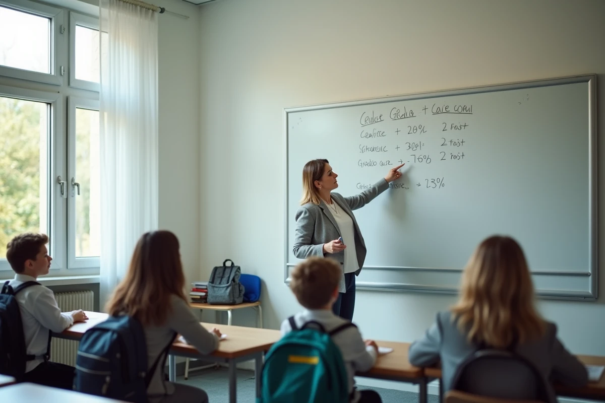 Professeure expliquant la répartition des coefficients contrôle continu et examen final au tableau dans une classe de collège