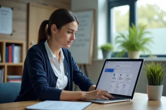 Professeure utilisant la plateforme Monlycée PSN sur son ordinateur portable dans une salle des professeurs