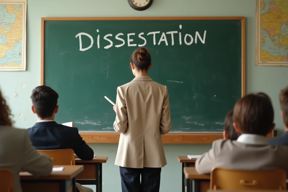 Professeure écrivant au tableau le mot dissertation dans une salle de classe de lycée le jour du baccalauréat d'histoire