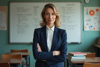 Professeure en zone d'éducation prioritaire debout devant un tableau noir dans une salle de classe française