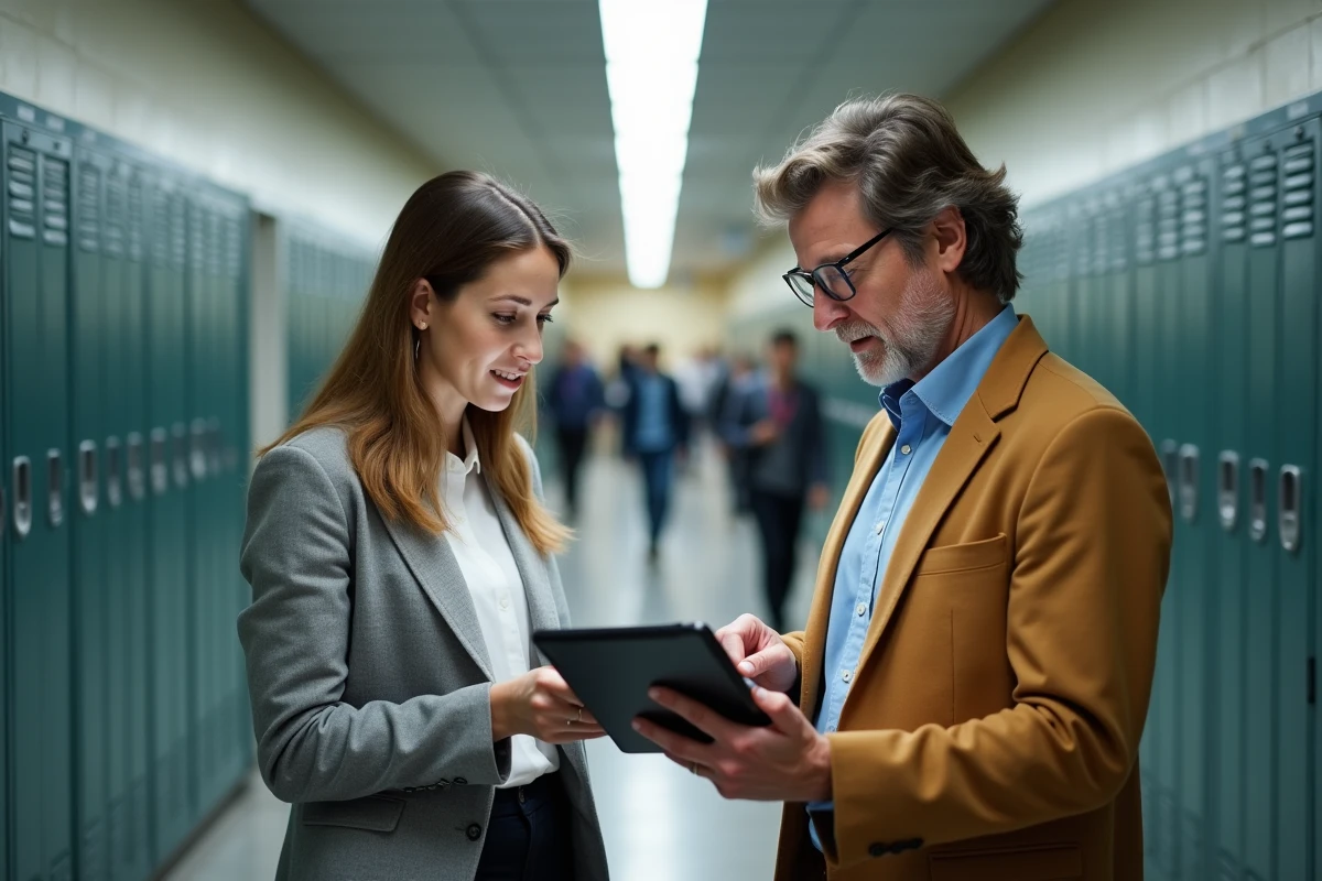 Deux professeurs collaborant sur une tablette pour gérer les échanges et devoirs de classe via Monlycée PSN dans un couloir scolaire