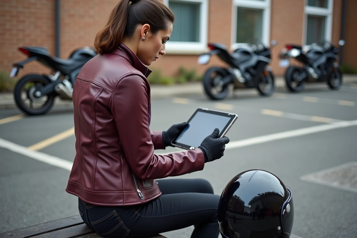 Femme en veste moto r&eacute;visant le code de la route moto sur tablette dans la cour d'une auto-&eacute;cole