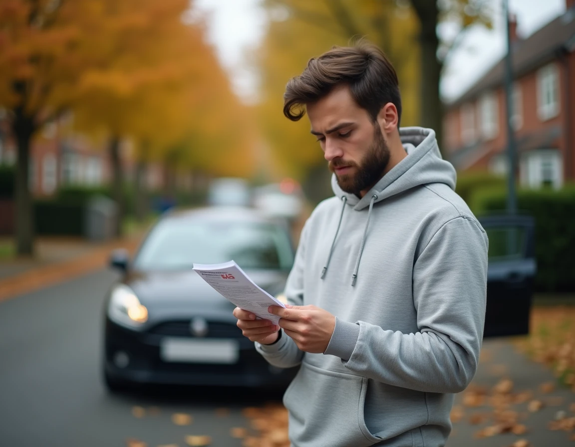Jeune homme révisant ses questions de code de la route avec une fiche mémo avant une leçon de conduite