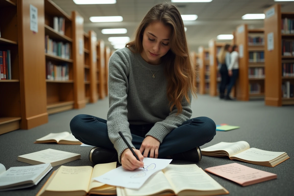 Lycéenne organisant ses fiches de révision d'histoire par terre dans une bibliothèque scolaire pour préparer le bac