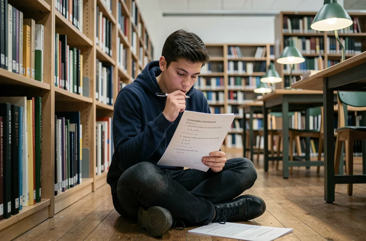 Étudiant universitaire révisant des exercices d'imparfait espagnol sur des feuilles d'examen dans une bibliothèque académique