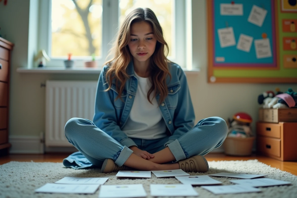 Adolescente révisant les conjugaisons de l'imparfait espagnol avec des fiches de vocabulaire
