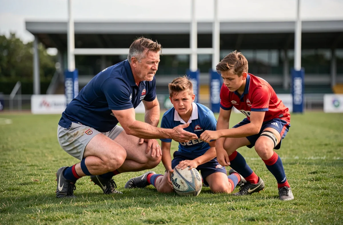 Entraîneur du Stade Lyonnais Rugby formant de jeunes joueurs sur le terrain du centre de formation