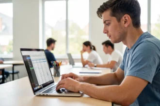 Stagiaire suivant une formation Excel sur ordinateur dans une salle de formation