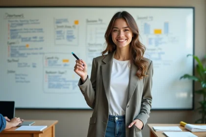Jeune femme en filière STMG présentant un projet de création d'entreprise devant un tableau blanc dans une salle de cours moderne
