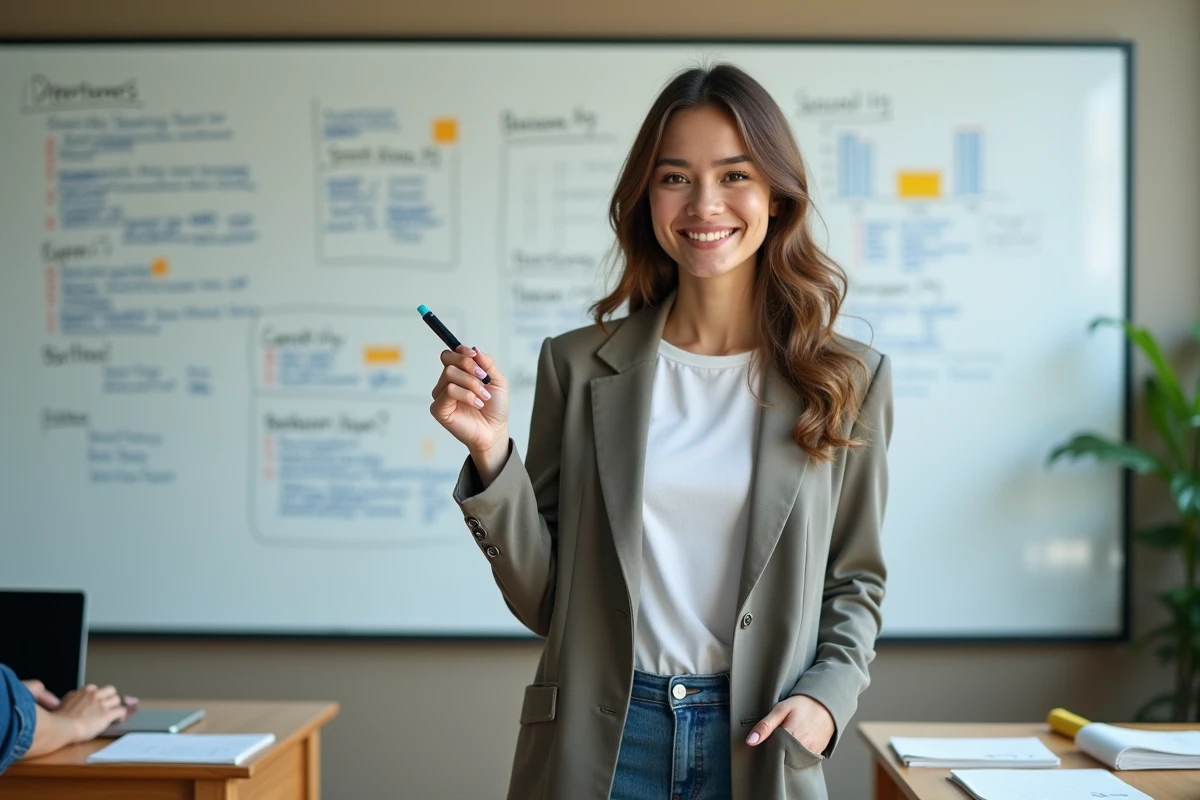 Jeune femme en filière STMG présentant un projet de création d'entreprise devant un tableau blanc dans une salle de cours moderne