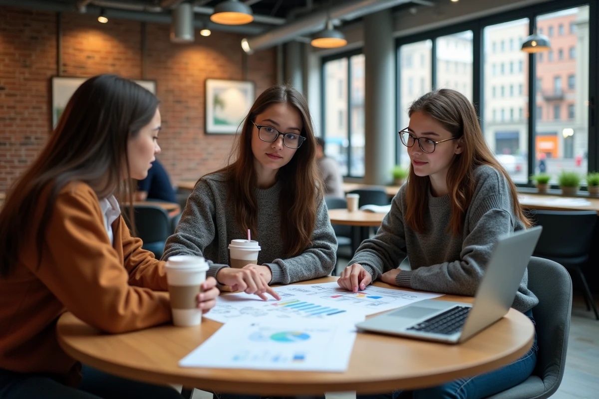 Groupe d'étudiants STMG collaborant autour d'un business model canvas dans un espace de coworking moderne