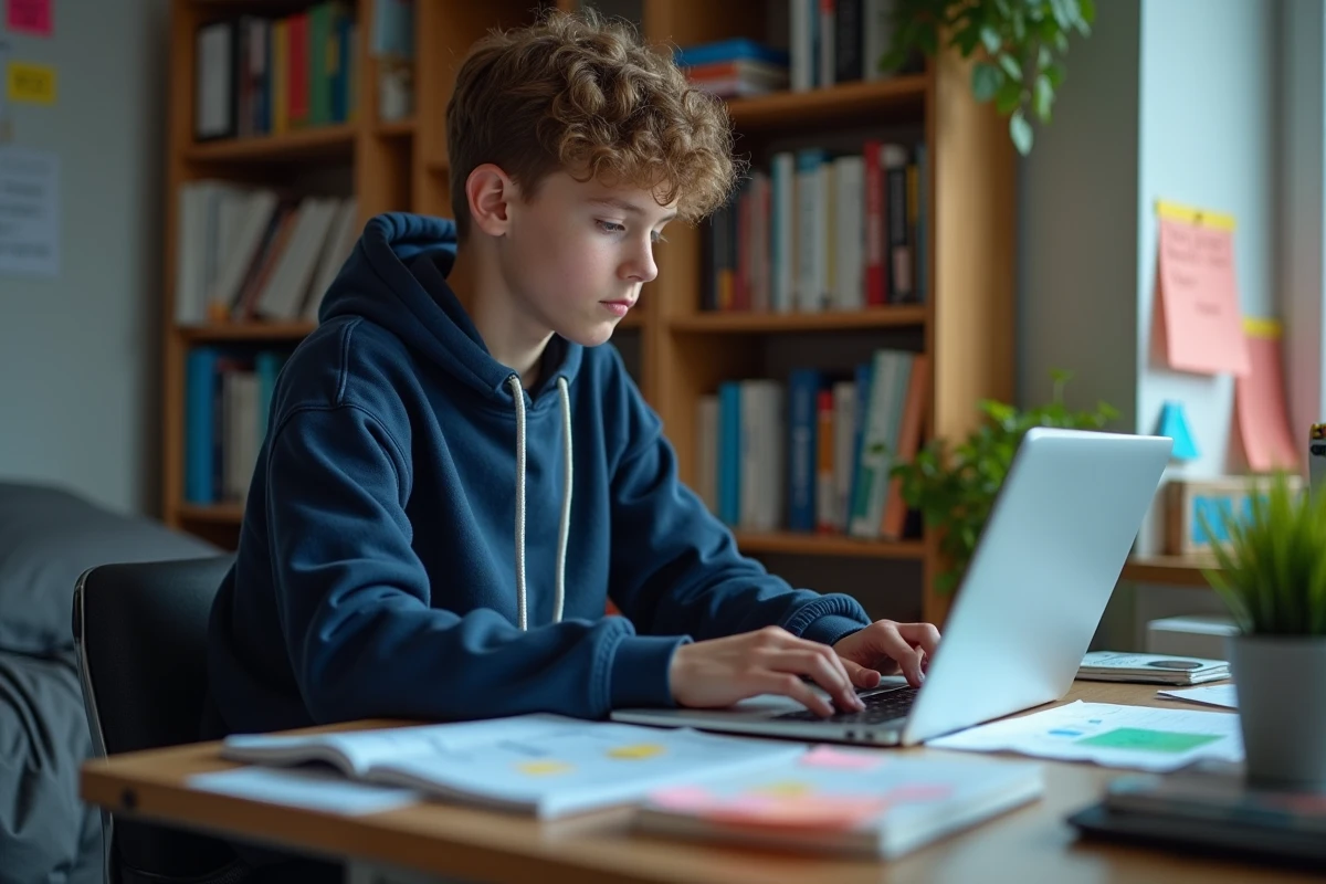 Adolescent en terminale STMG travaillant sur un projet de business plan depuis sa chambre aménagée en espace de travail