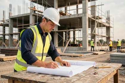 Technicien BTP en gilet de sécurité jaune consultant des plans de construction sur un chantier