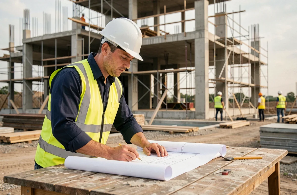 Technicien BTP en gilet de sécurité jaune consultant des plans de construction sur un chantier