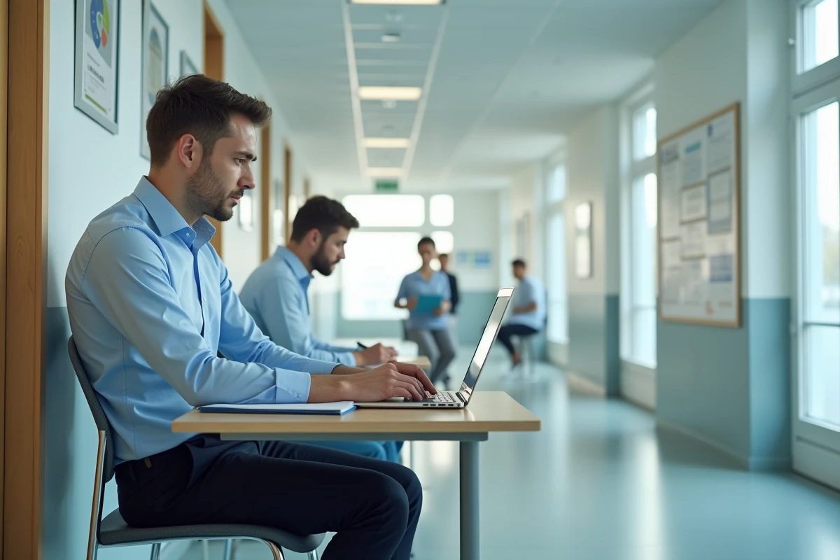 Jeune homme concentré travaillant dans un couloir lumineux