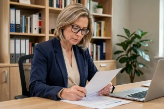 Tutrice de stage annotant un rapport d'étudiant dans un bureau académique professionnel