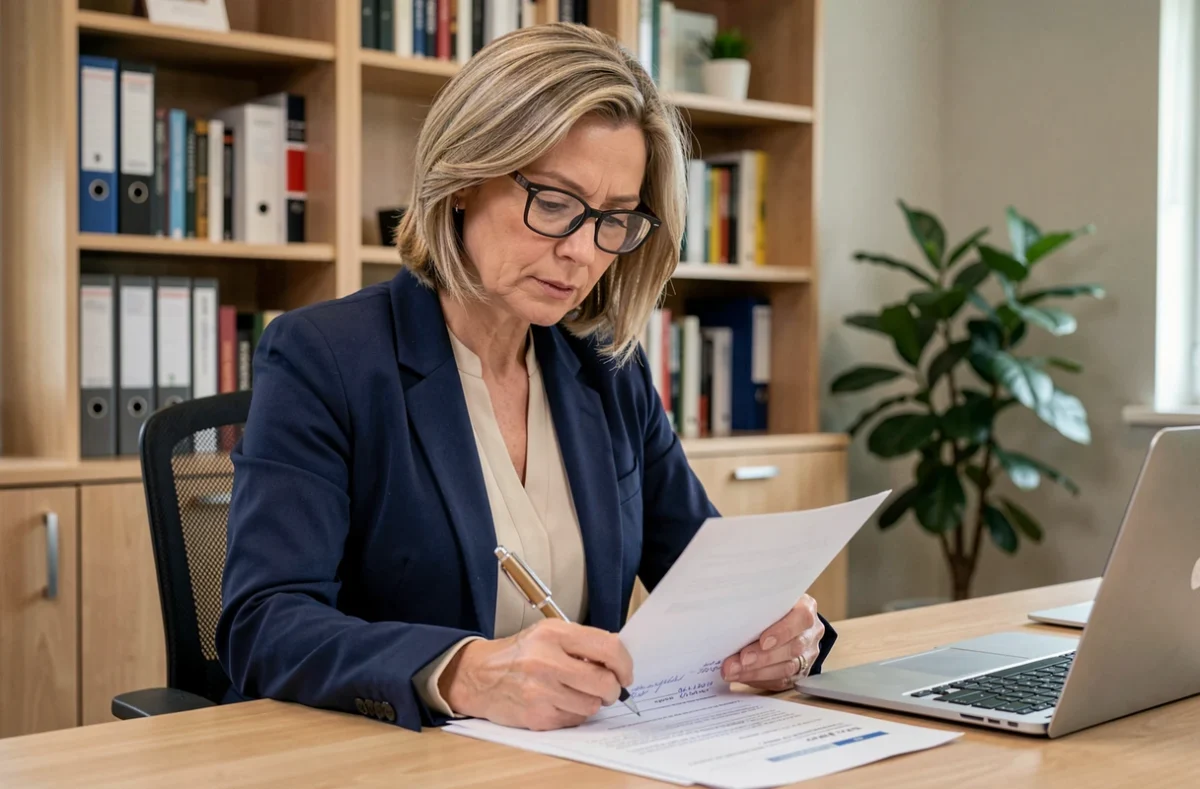 Tutrice de stage annotant un rapport d'étudiant dans un bureau académique professionnel
