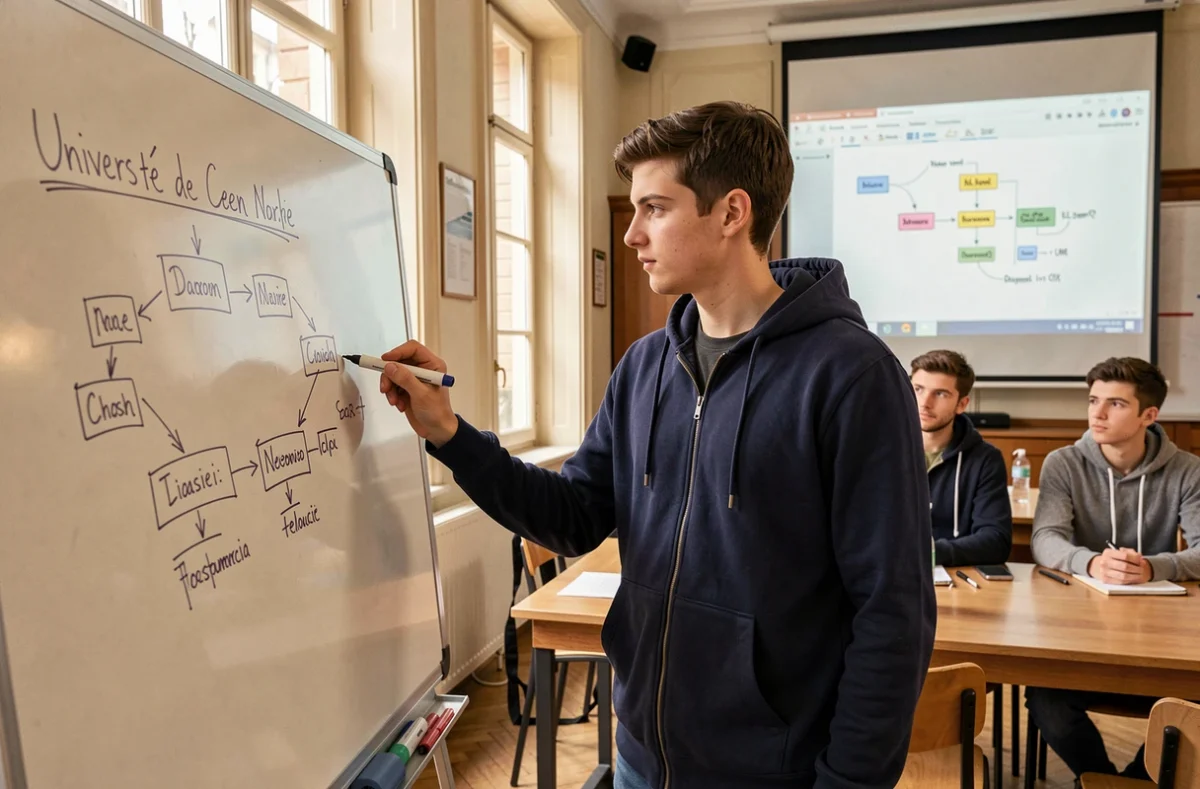 Étudiant présentant un schéma de base de données à l'Université de Caen Normandie en master informatique