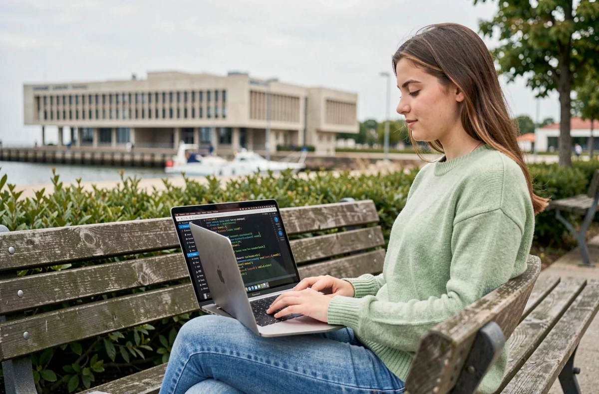Étudiante en licence informatique travaillant en plein air sur le campus de l'Université Le Havre Normandie