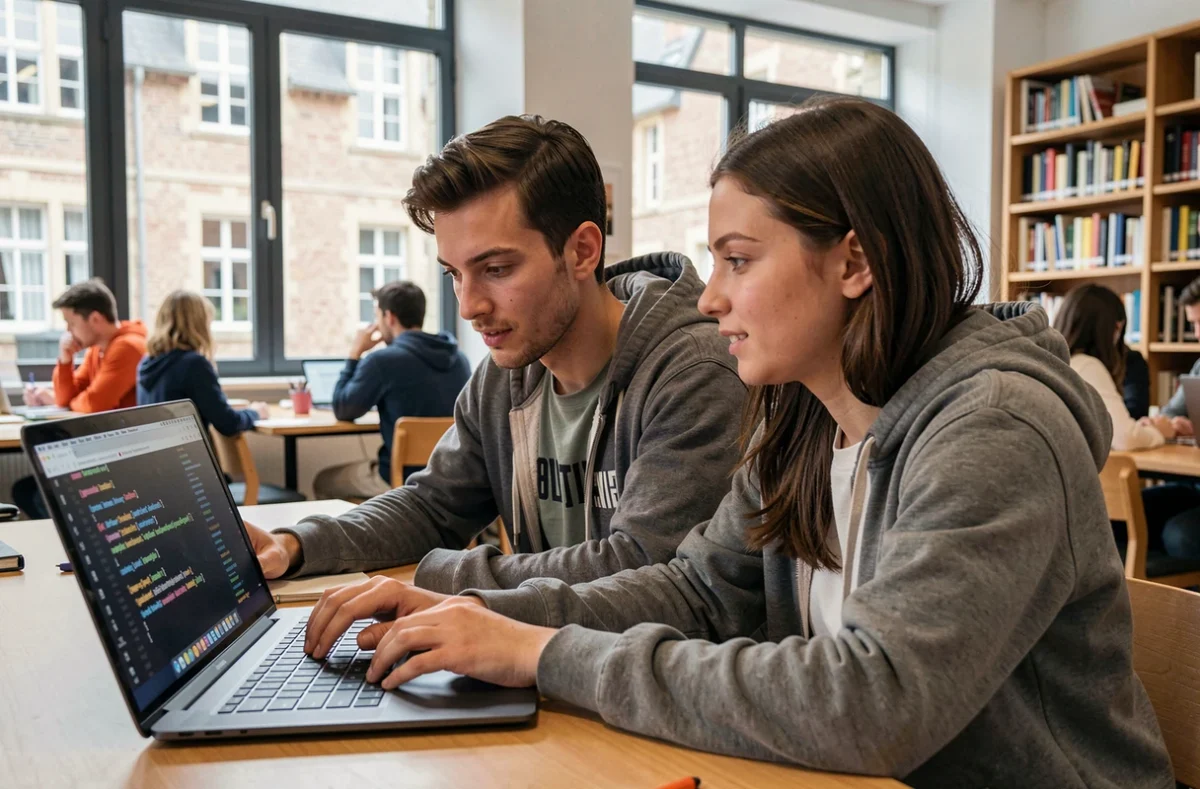 Deux étudiants en licence informatique révisant du code Python à l'Université de Rouen Normandie