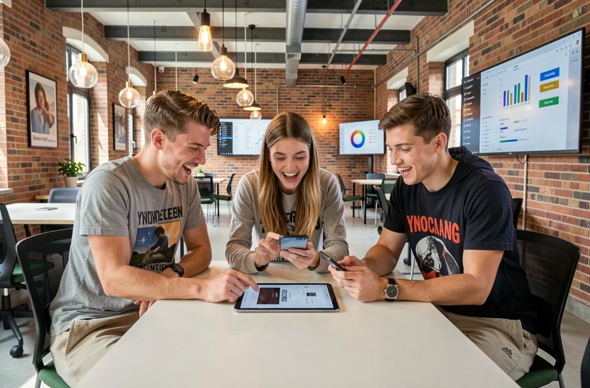 Étudiants d'Ynov Campus Lille testant une application mobile dans un espace campus créatif et moderne